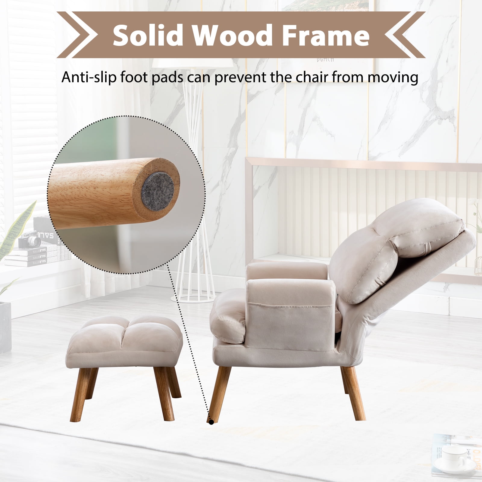 Bonzy Home Accent Chair with Ottoman, Adjustable Backrest Seat,Velvet Fabric Chair for All Age,Beige