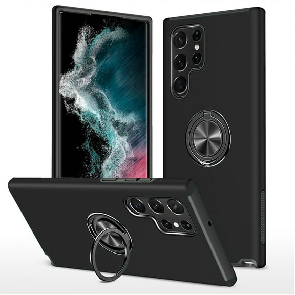 For Samsung Galaxy S23 Ultra Hybrid 360 Degree Rotatable Metal Invisible Ring Stand, Fit Magnetic Car Mount Shockproof Cover ,Xpm Phone Case [ Black ]