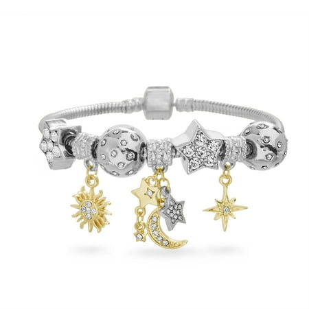 Cold Hearted Snake - Lesa Michele Women's White Crystal Ball Star Crescent Sun Charm Beaded Heart Snake Chain Yellow Gold-Tone and Silver-Tone Bracelet