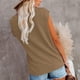 thumbnail image 3 of Camiseta sin mangas con cuello redondo para mujer, chaleco sin mangas de verano plisado con empalme frontal de encaje para uso diario, marrón M, 3 of 8