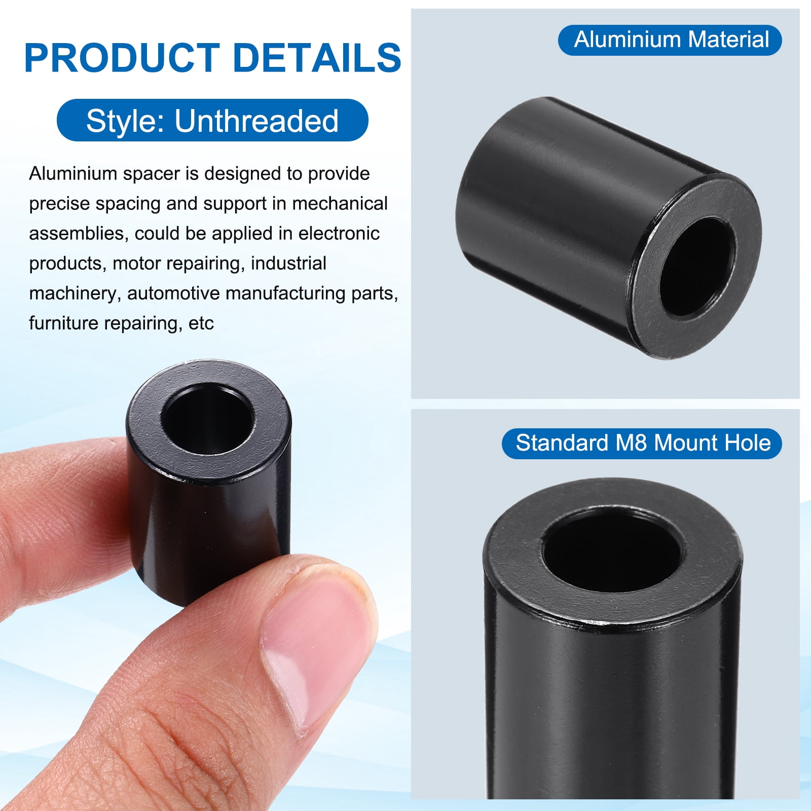 Uxcell 10pcs M8 Aluminium Spacers, 5/16" ID x 5/8" OD Round Standoff Spacer, Unthreaded Metal Spacers for 5/16" M8 Screws Bolts, Black 3/4" Length