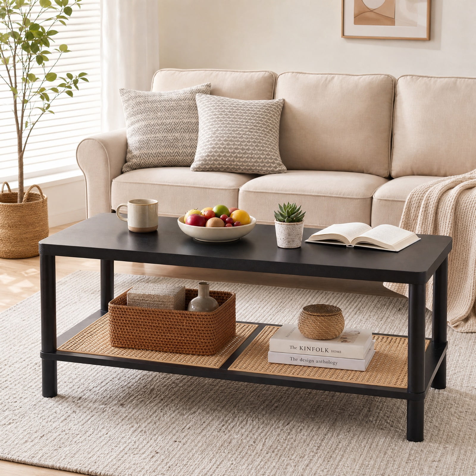 Furnibear 2 Tier Boho Rectangular Coffee Table with Rubber Wood Frame and Faux Rattan Open Storage Shelf for Living Room Home Office, Black
