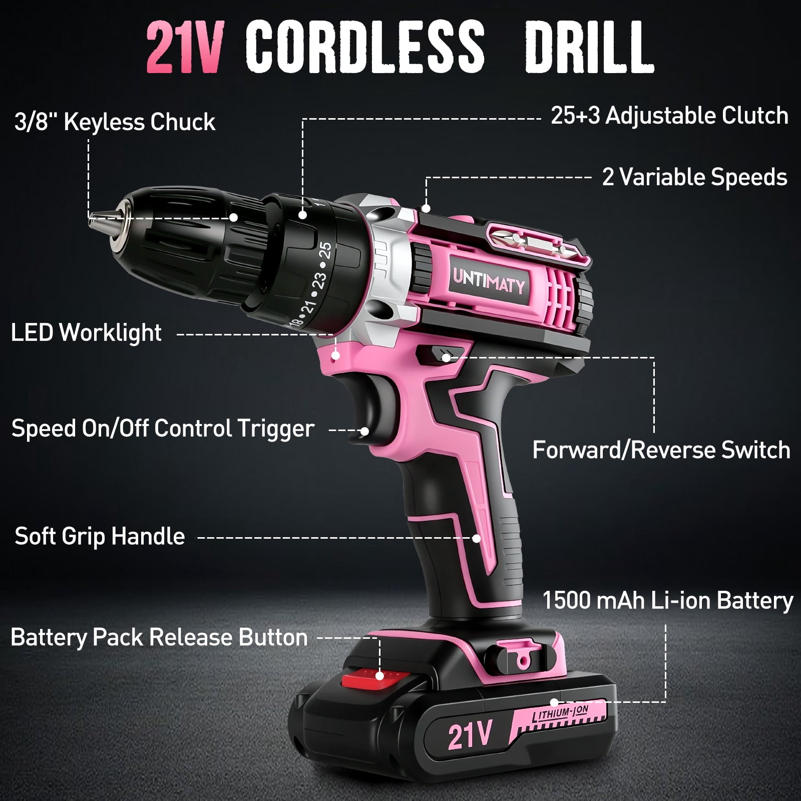 UNTIMATY 21V Cordless Power Drill Set, Power Drill Driver Kit with Lithium-Ion Battery and Charger, 3/8-Inch Keyless Chuck, 2 Variable Speed, 25+3 Position and 31pcs Drill/Driver Bits, Pink