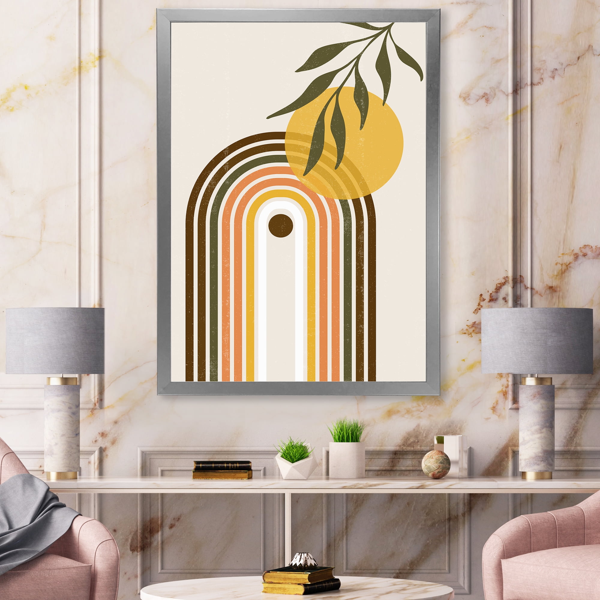 Designart 'Abstract Retro Rainbow With Yellow Sun' Modern Framed Art Print