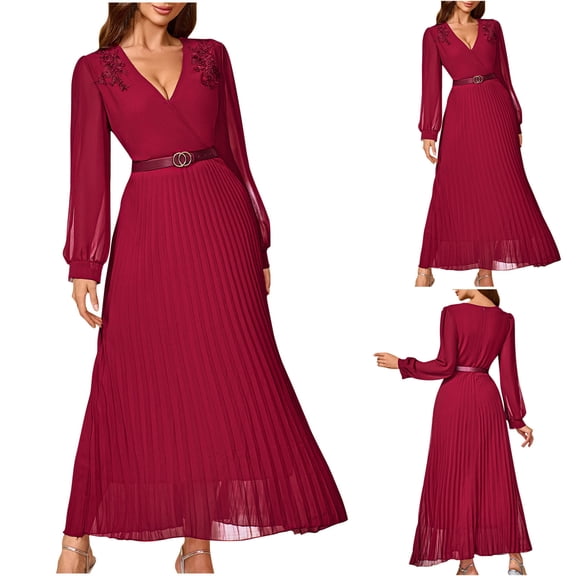 Wedding Guest Dresses for Women Long Sleeve V Neck Midi Dress Lace Appliques Chiffon Solid Color Elegant Formal Evening Gowns