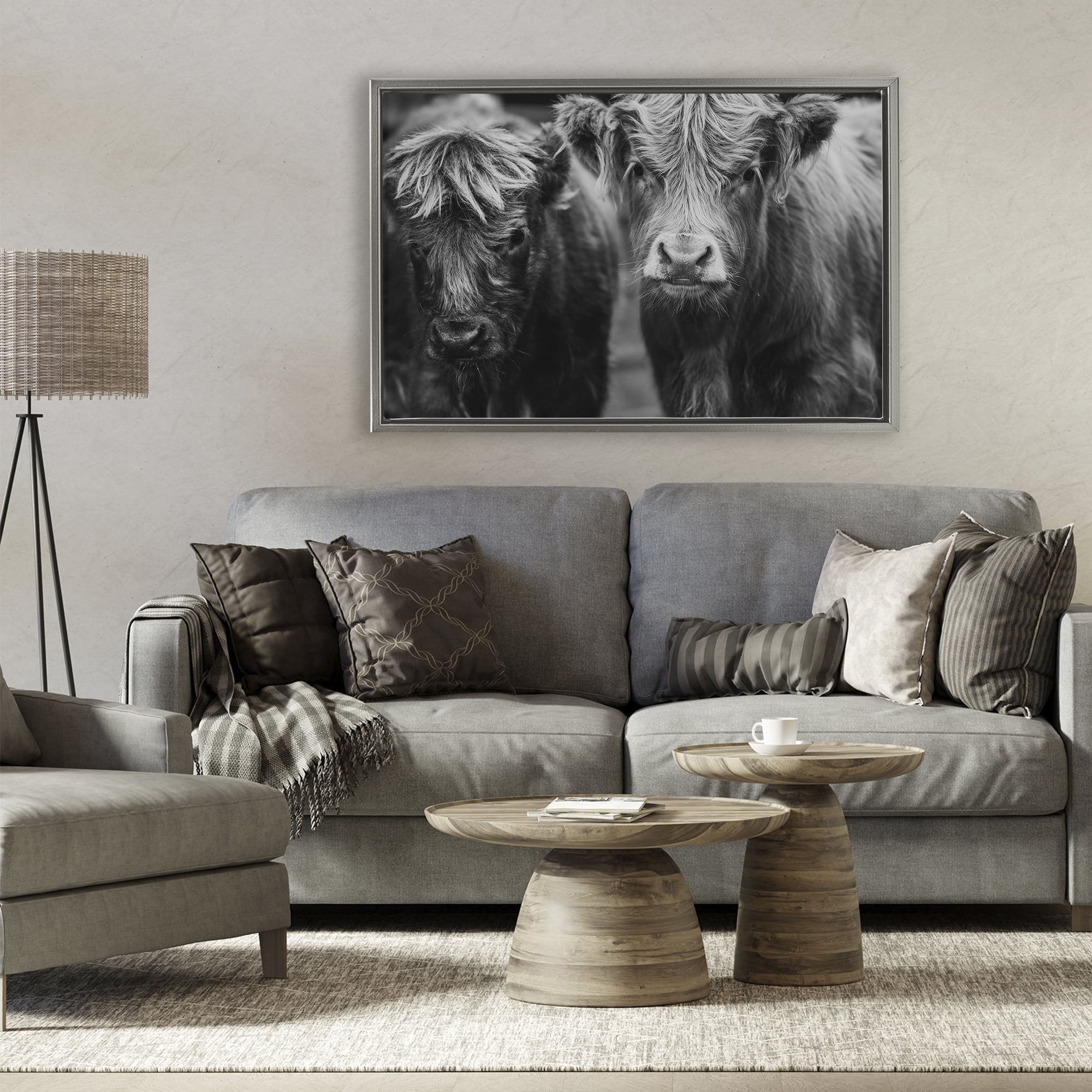Cow Faces on Farm Gray Framed Floater Canvas Wall Art, design by Amy Carroll