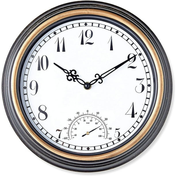Black Weatherproof 12 Round Wall Clock With Thermometer For Outdoor Patio Pool Garden Com Black Weatherproof 12 Round Wall Clock, Outdoor Clock And Thermometer