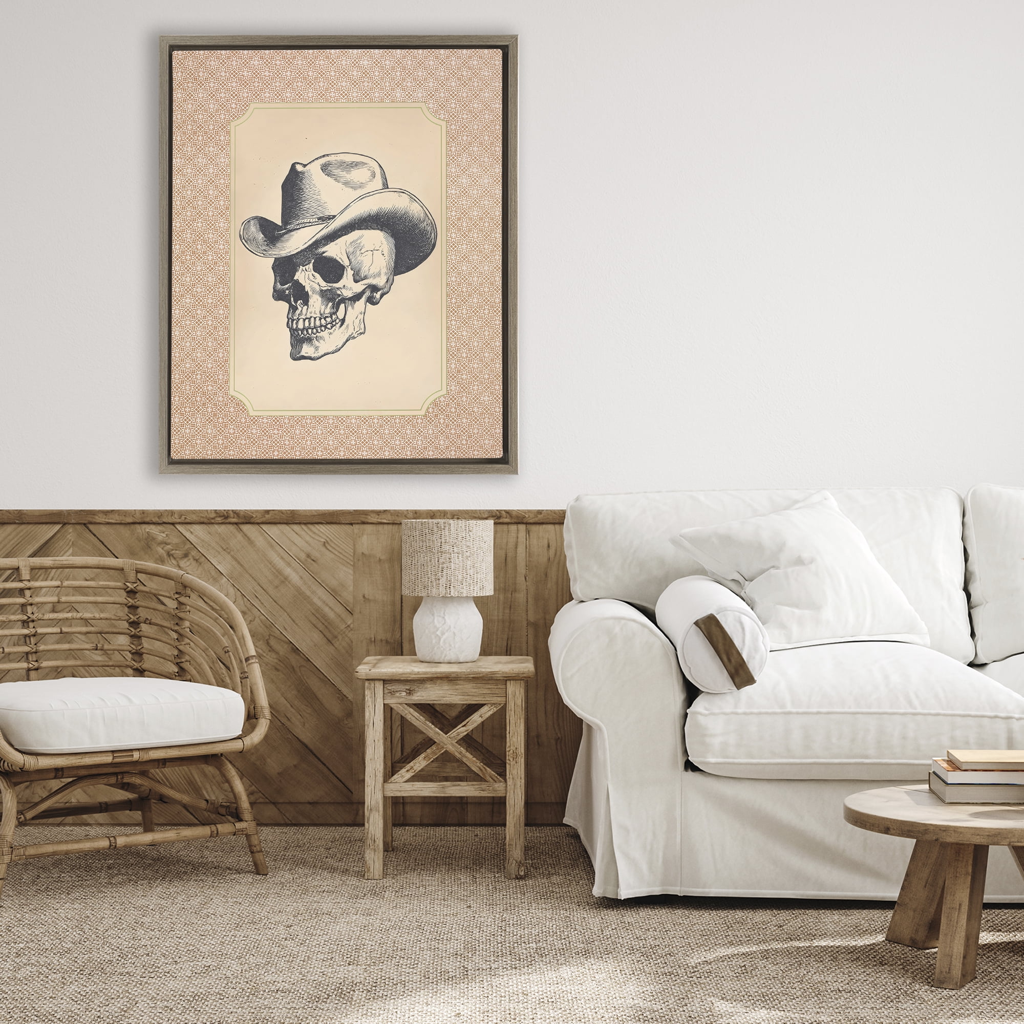 Vintage Cowboy Skull Brown Framed Floater Canvas Wall Art, design by Arlington Prints