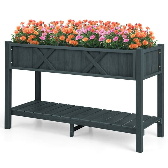 Costway HIPS Raised Garden Bed Poly Wood Elevated Planter Box with Legs, Storage Shelf Black