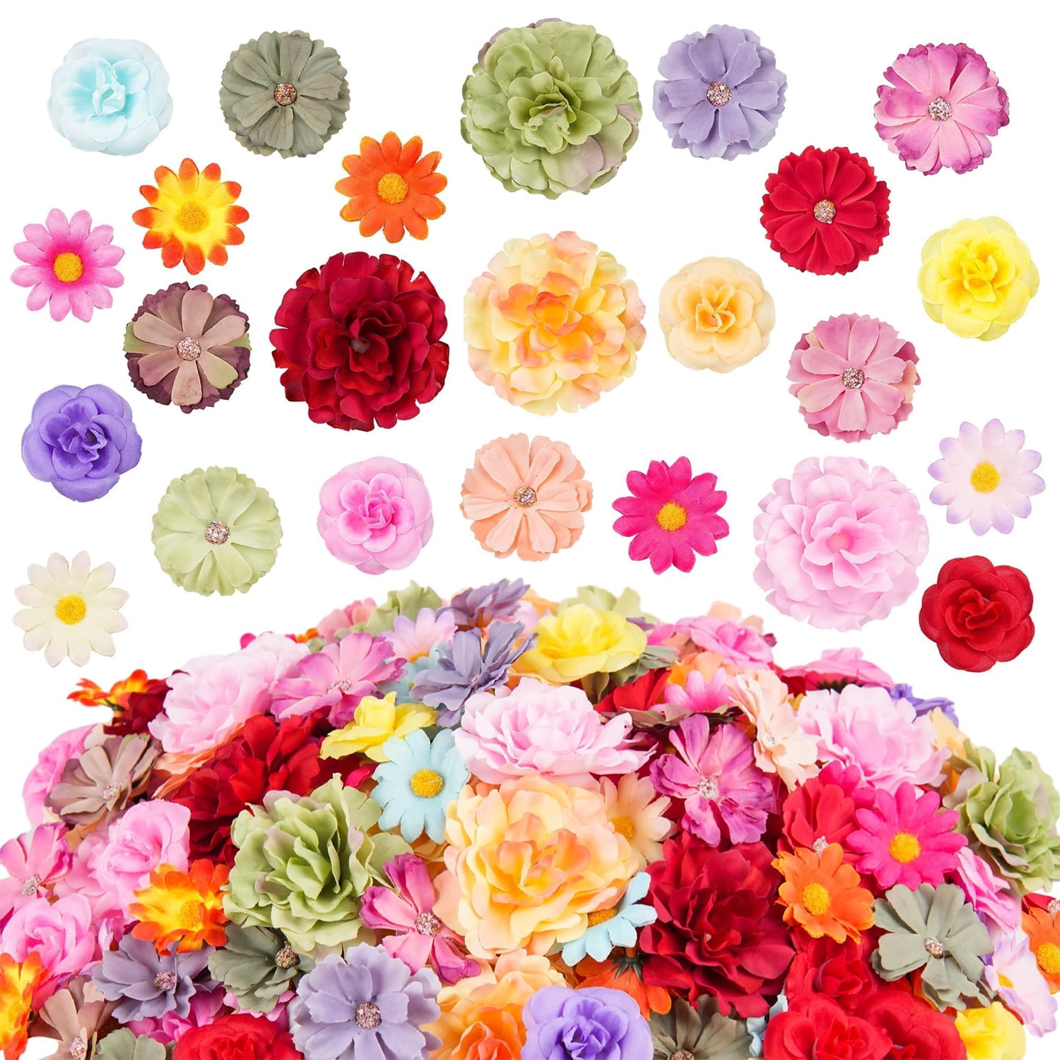 Faux Flowers for Crafts, Artificial Flower Heads Decor for Garland Wedding Table Home Decoration, 100 Pcs, Multicolor