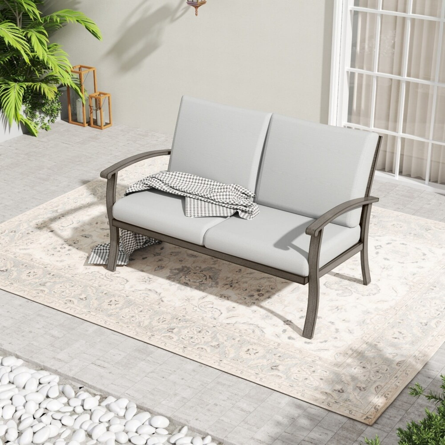 Outdoor Patio Loveseat, Aluminum 2-Seat Sofa with 5.1" Thick Cushions, Weather-Resistant Garden Couch for Balcony, Backyard, Porch, Light Gray
