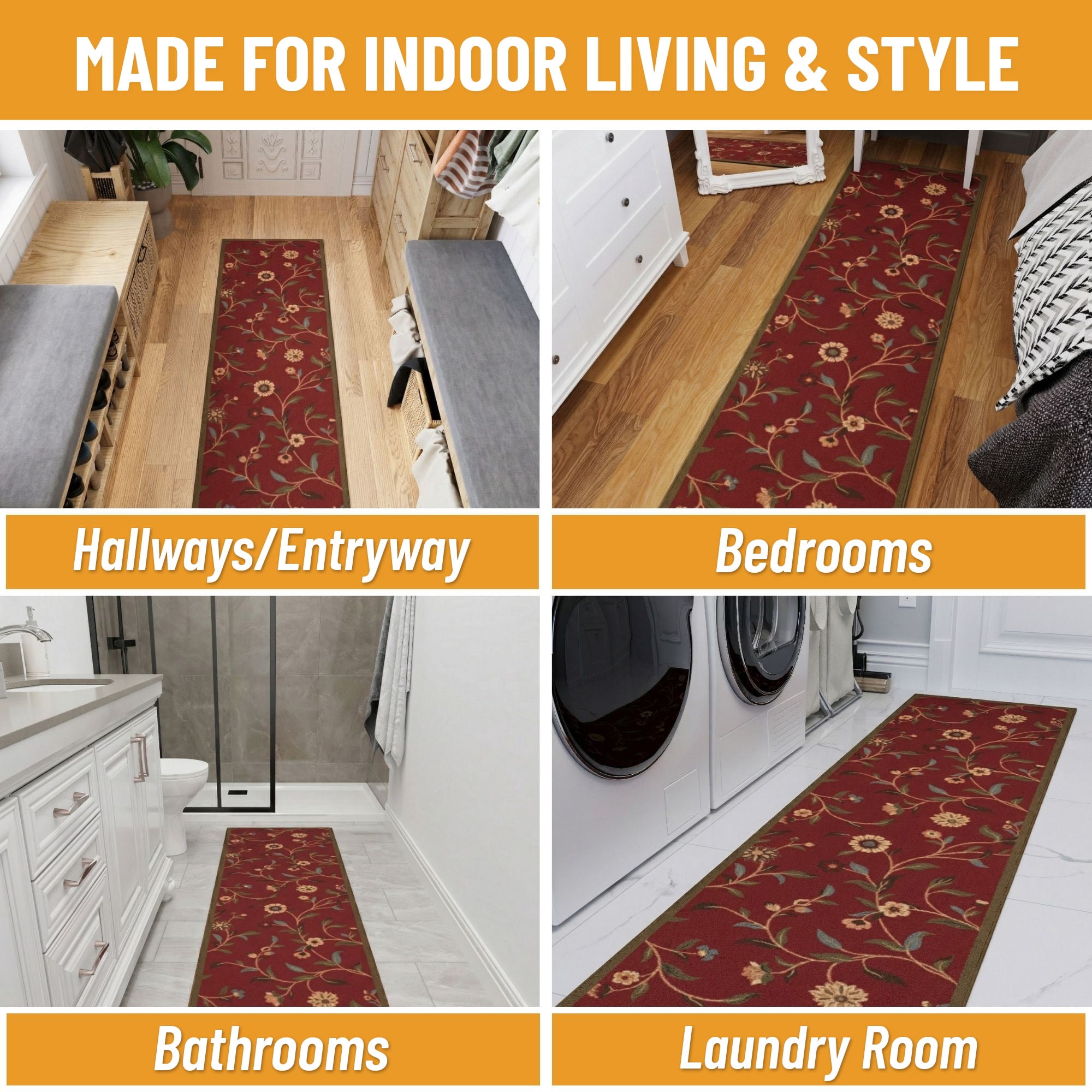 Ottomanson Extra Long Runner Rug 1'10.5" x 33' – Non-Slip Low Pile Hallway Carpet, Floral Red