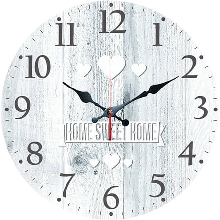 SBEMP10 Inch Silent Wall Clock, White Distressed Wood Love Heart Home Sweet Home Decorative Wall Clock, Battery Operated Non-Ticking Round Clock for Living Room Bedroom Farmhouse Home Decor