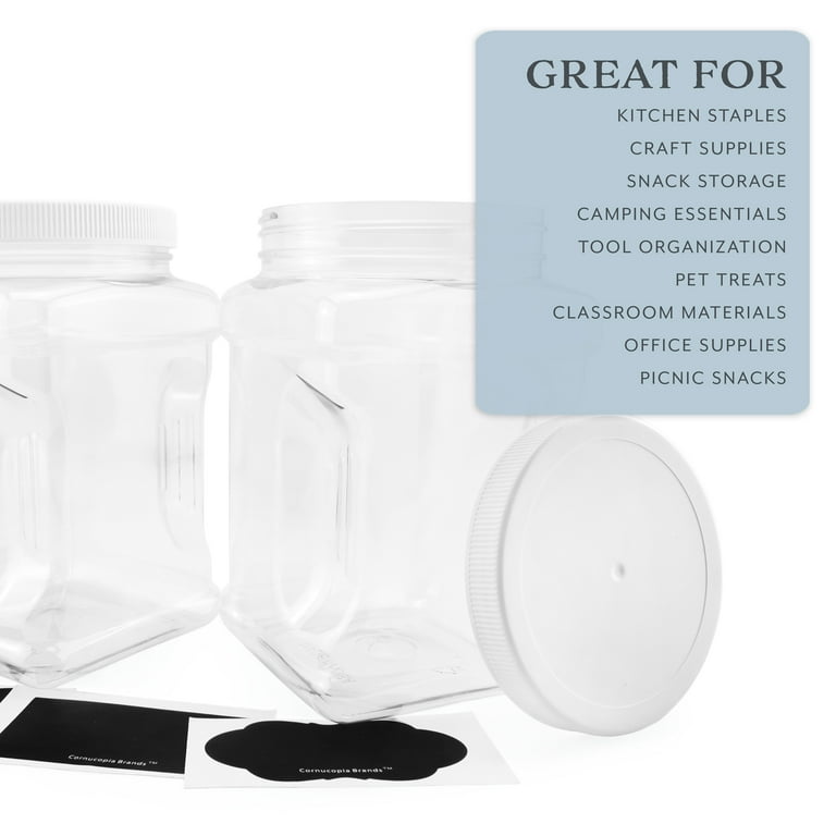 Cornucopia Brands 3-Pack Square 64 oz 1/2 Gallon Plastic Canisters; 8-Cup Capacity Clear Jars w/White Plastic Lids & Chalk Labels BPA-Free