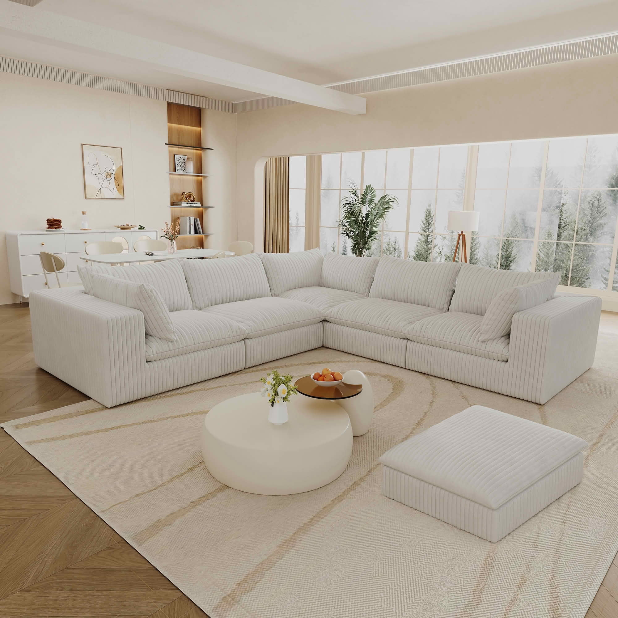 MAYEERTY 118.2" Cloud Corduroy Sofa, Deep Seat Double-Layer Design, Removable Cushion No Assembly, DIY Combination, White