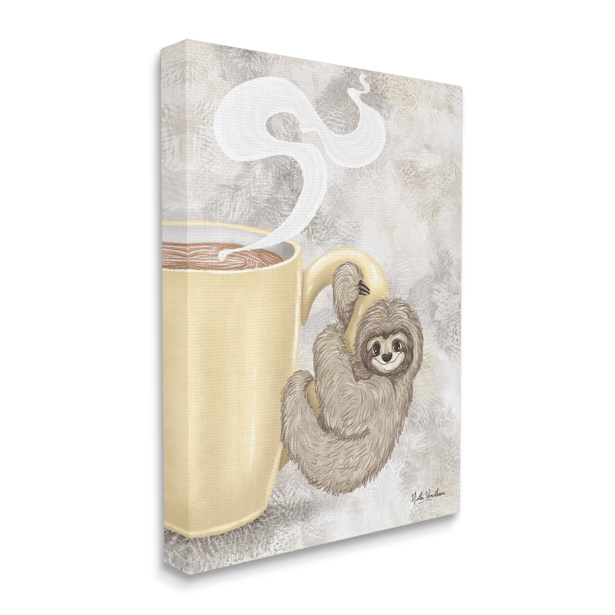 Stupell Industries Sloth on Coffee Mug Food & Beverage Painting Gallery Wrapped Canvas Print Wall Art, 24 x 30