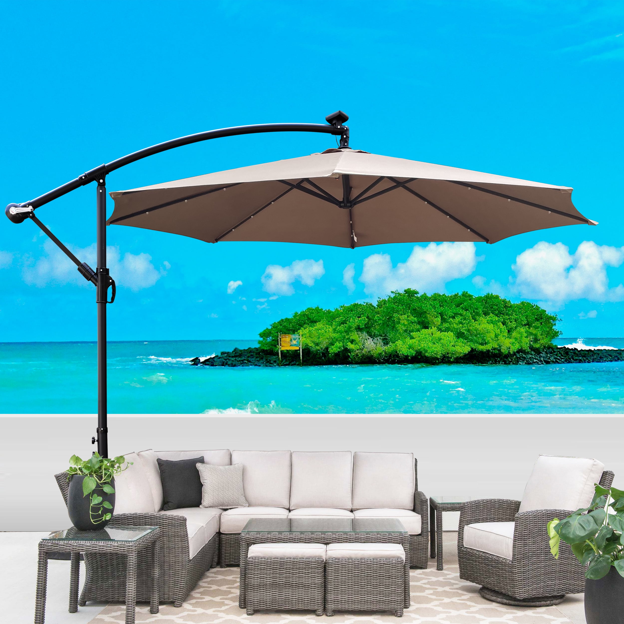 Royard Oaktree 10FT Patio Offset Umbrella w/Solar LED Lights Outdoor Cantilever Hanging Umbrella w/Crank & Cross Base UV Protection Sun Shade for Market Garden Lawn Deck Backyard Pool,Mushroom