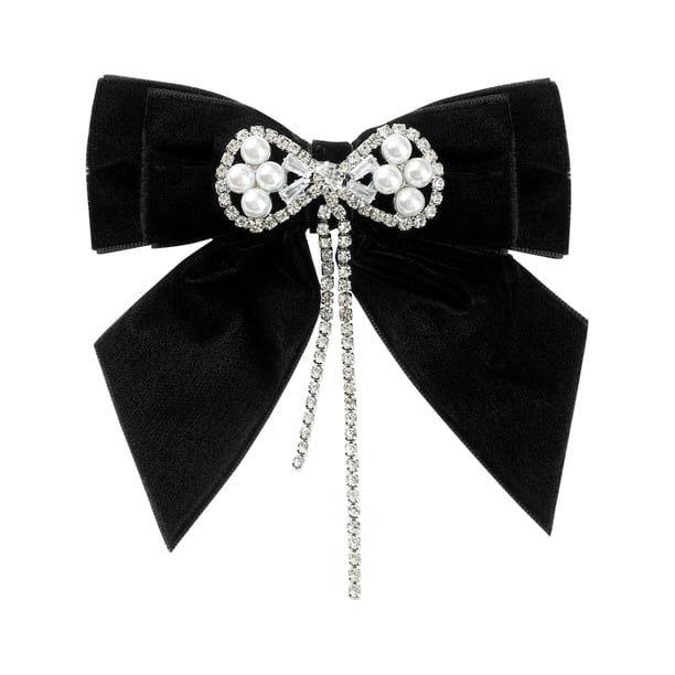 Broche de Lazo de Terciopelo Falso de Perlas de Rhinestone para Mujeres INSPIRE CHIC para un Estilo Retro Elegante Negro