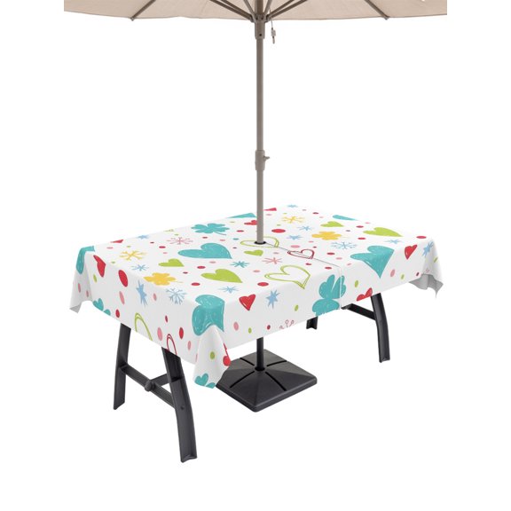 52x70 Inch Outdoor Tablecloth with Umbrella Hole Zipper Rectangle Turquoise Hearts Rectangular Tablecloths Waterproof Modern Three-Leaves Colorful Polka Dots Patio Table Cloth Cover for Picnic