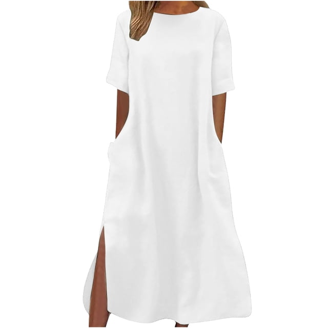 Robes à Manches Courtes pour Femmes Décontractées Amples à Col Rond Unies à Manches Courtes Fendues Longues Robes Longues pour Femmes Été Courtes Robes d'Été pour Femmes