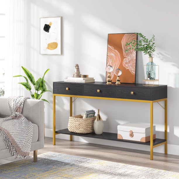 VANOMi 3Drawer Console Table, Metal Leg Sofa Couch Table Narrow