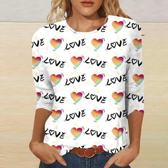 Womens Fashion Valentines Cat Print Round Neck 3/4 Sleeve Casual T Shirt Two Shirts for Women Running Top Women Womens Athletic Clothes Set Shirt for Women Cute Tops for Women Summer Large Women T