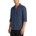 thumbnail image 5 of Men's Linen Shorts Set with Long Sleeve Button Up Cardigan Shirt Turned Down Collar Casual Two Piece Outfit for Beach Vacation Golf Travel | AESTIVO,Navy XL, 5 of 9