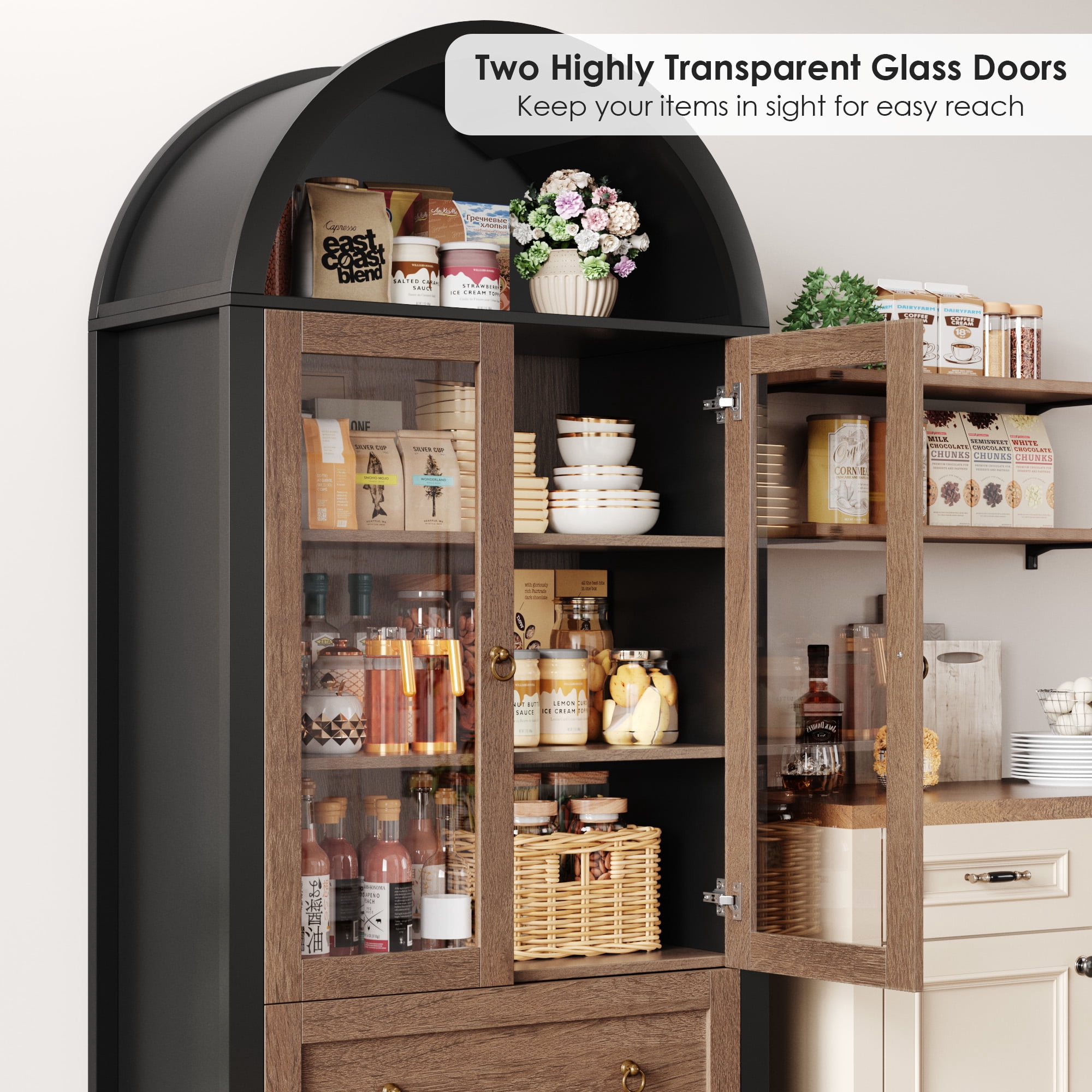 Hiphuta 70" Tall Arched Kitchen Pantry Storage Cabinet with Glass Doors, Freestanding Modern Farmhouse Hutch Cupboard with 2 Large Drawers, for Kitchen Dining Room, Black & Oak