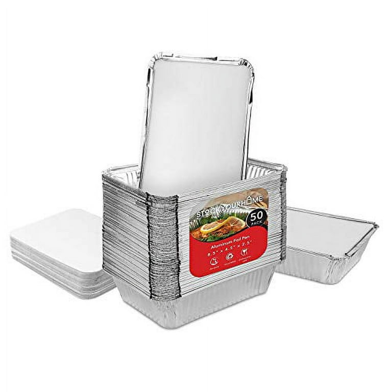 Fit Meal Prep 50 Pack 2.25 lb Aluminum Foil Pans with Cardboard Lids, 8.15  x 6.15 x 2.15” 32 oz Disposable Aluminum Baking Pan, Foil To Go Food