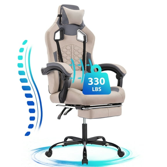JONPONY Ergonomic Gaming Chair with Adjustable Footrest,High Back PU Leather, Comfortable Headrest & Lumbar Support,Computer Office Chair for 8 Hours Sitting,300LBS,Grey