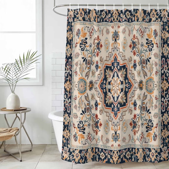 Blue Boho Waterproof Fabric Shower Curtain,Ethnic Vintage Mexican Flowers Southwestern Waterproof Fabric Shower Curtain for Bathroom Curtains Bathtubs Shower Curtains with 12 Hooks Extra Long 72x96