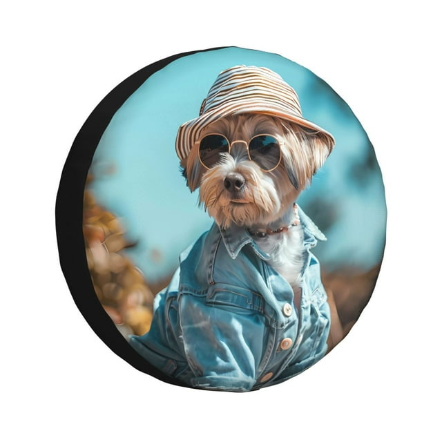 Bingfone Chien Élégant en Tenue de Denim pour Pneu de Rechange Protecteurs de Roues Universels Résistants aux Intempéries pour Véhicule Récréatif Remorque de Voyage SUV Camion-17 Pouces