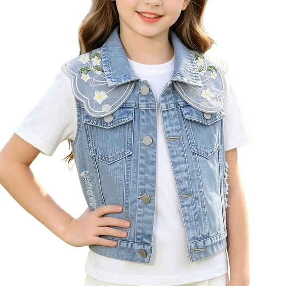 YUANxueke Girls Denim Vest Lace Trim Sleeveless Collared Waistcoat Top Casual Jean Jacket with Pockets for 18M-14Y