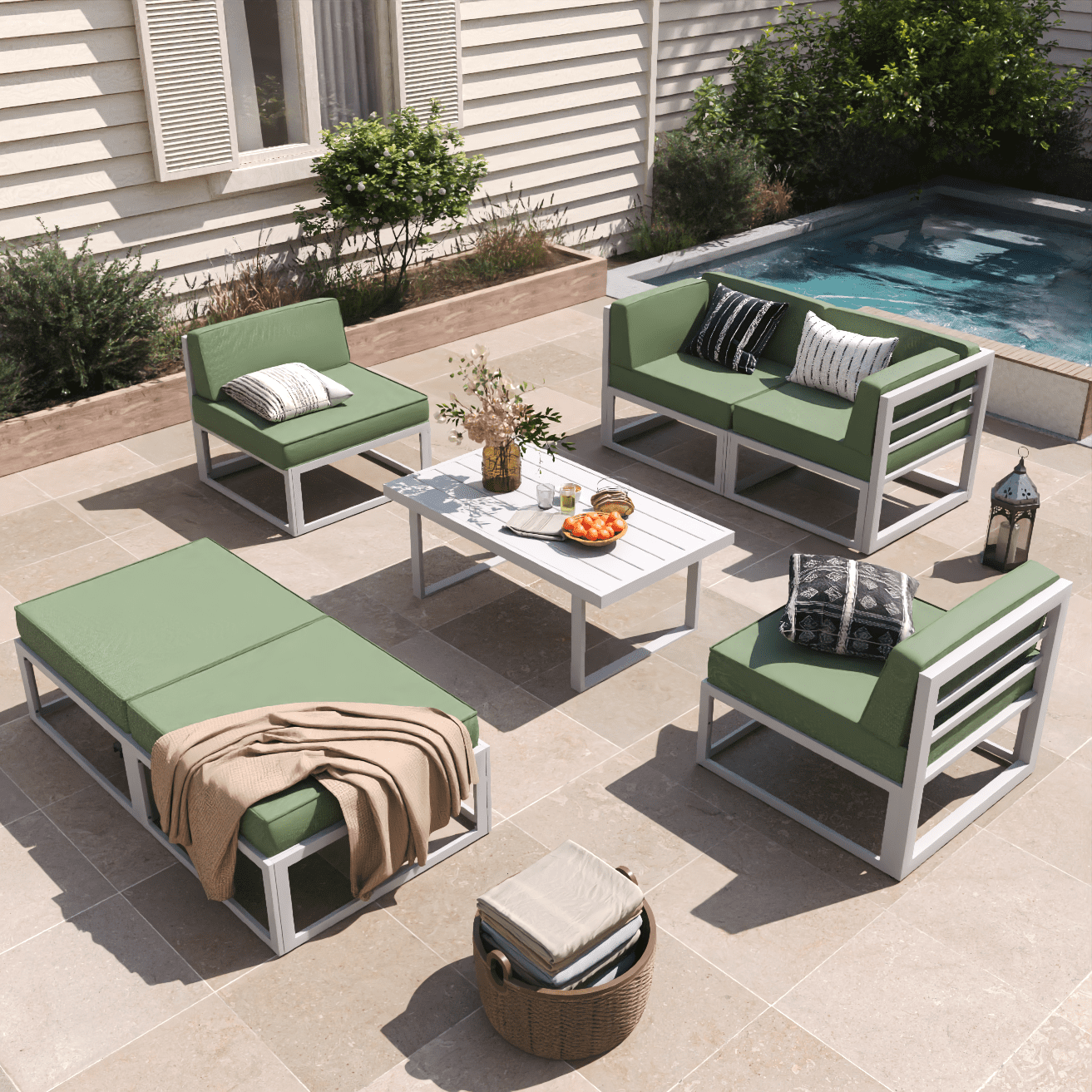 MRUAKA Aluminum Patio Furniture Set,7 Piece Modern Outdoor Furniture with 5 inch Cushion, Metal Patio Sectional Conversation Sets for Deck, Backyard, Porch(Green)