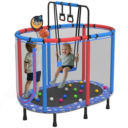 60  Toddler Trampoline with Safety Enclosure Net  SEGMART Upgraded Kids Trampoline with Basketball Hoop  Swing  Rings  Balls  Indoor Outdoor Mini Trampoline Birthday Gift for Kids Ages 3-9
