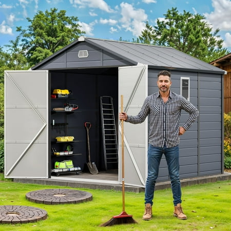 Uforic Resin Outdoor Storage Shed 7.87x9.1ft Heavy-Duty Plastic Tool Storage Shed with Reinforced Floor Lockable Doors Windows & Vents Weather-Resistant for Outdoor Use