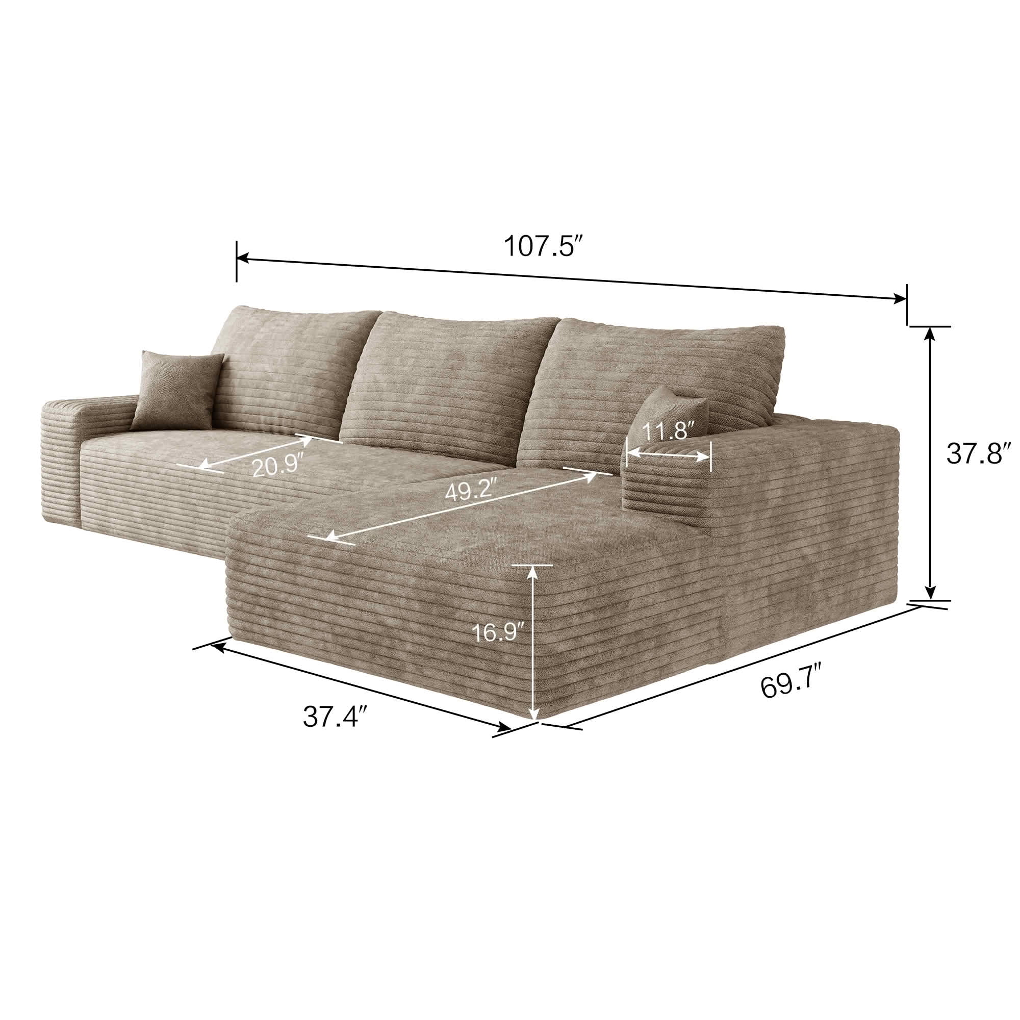 MAYEERTY 107" Cloud Sectional Couch, L-Shape Chaise Modular Sofa, Deep Seat Plush Corduroy, No Assembly, Camel