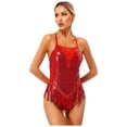 thumbnail image 2 of Raenseen Womens Sleeveless Sequin Leotard with Fringe Latin Jazz Chacha Ballroom Dance Costume Red XL, 2 of 7