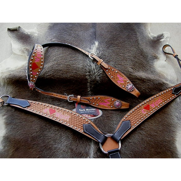 Horse Western Riding Leather Bridle Headstall Breast Collar Tack Pink 7657