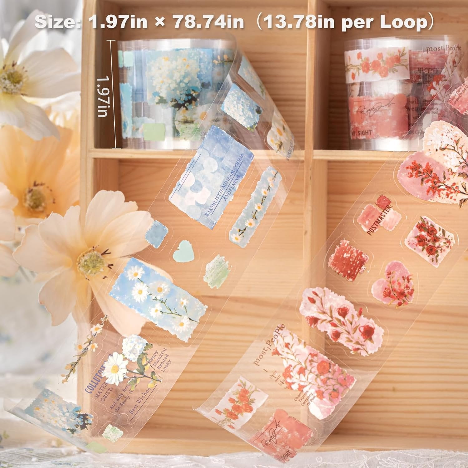 6 Rolls Floral Pre-Cut PET Sticker Tape Set, 1.97in x 78.7in Each,  Botanicals & Script for Scrapbook Journals, Planners, DIY Decor