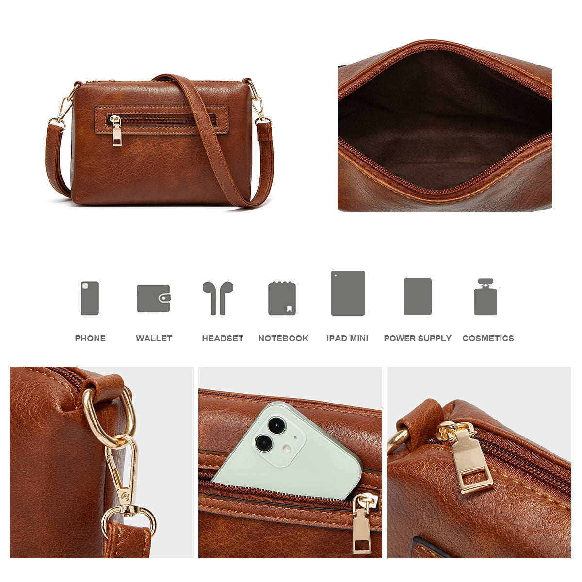 Sendfen Women's Leather Hobo Bag with Wristlets Crossbody bag, Brown, 3-Piece