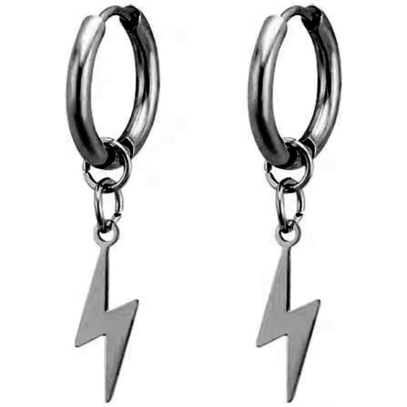 Lightning Bolt Small Huggie Hoop Earrings Stainless Steel Punk Personalized Black Flash Thunder Dangle Drop Earrings for Unisex Men Women Minimalist Goth Hip Hop 80s Party Fashion Jewelry Gifts