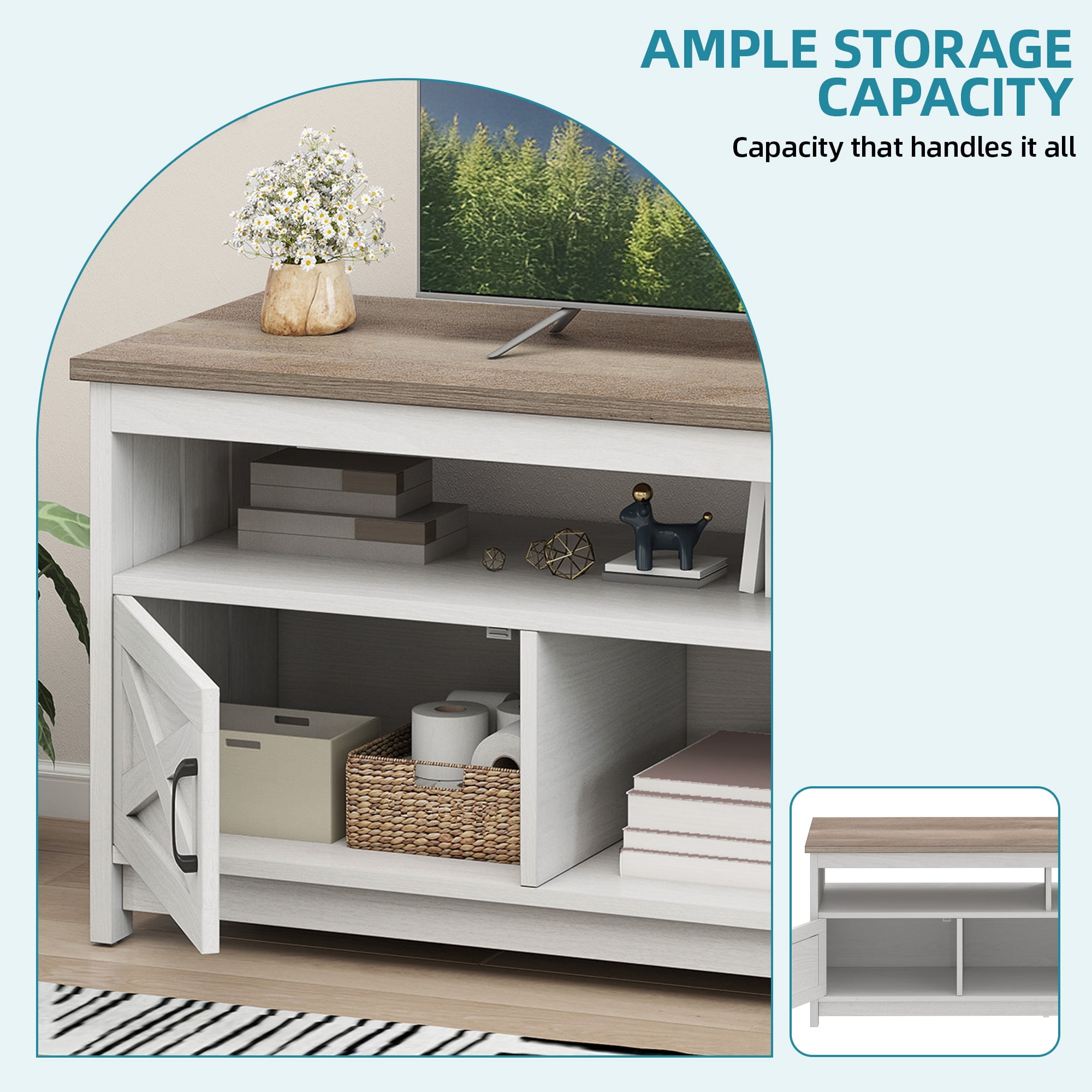 Uforic 65 Inch Farmhouse TV Stand Fits 70/75 Inch Flat Screen TV with RGB Ambient Light, Cable Holes, Built-in Power Station & Multi Storage Space for Living Room, Beige+White