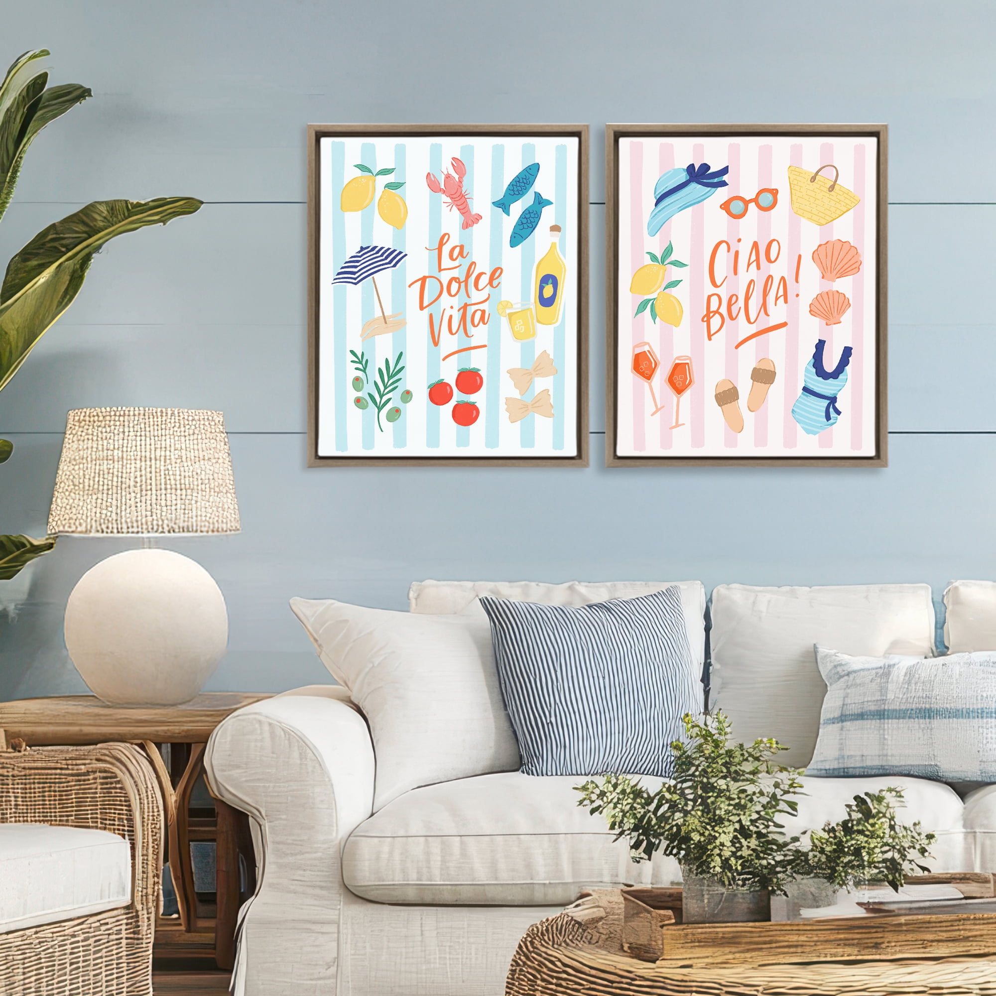 Stupell Industries Summer Italian Vacation 2 Piece Brown Framed Floater Canvas Set, design by Sandra Picco
