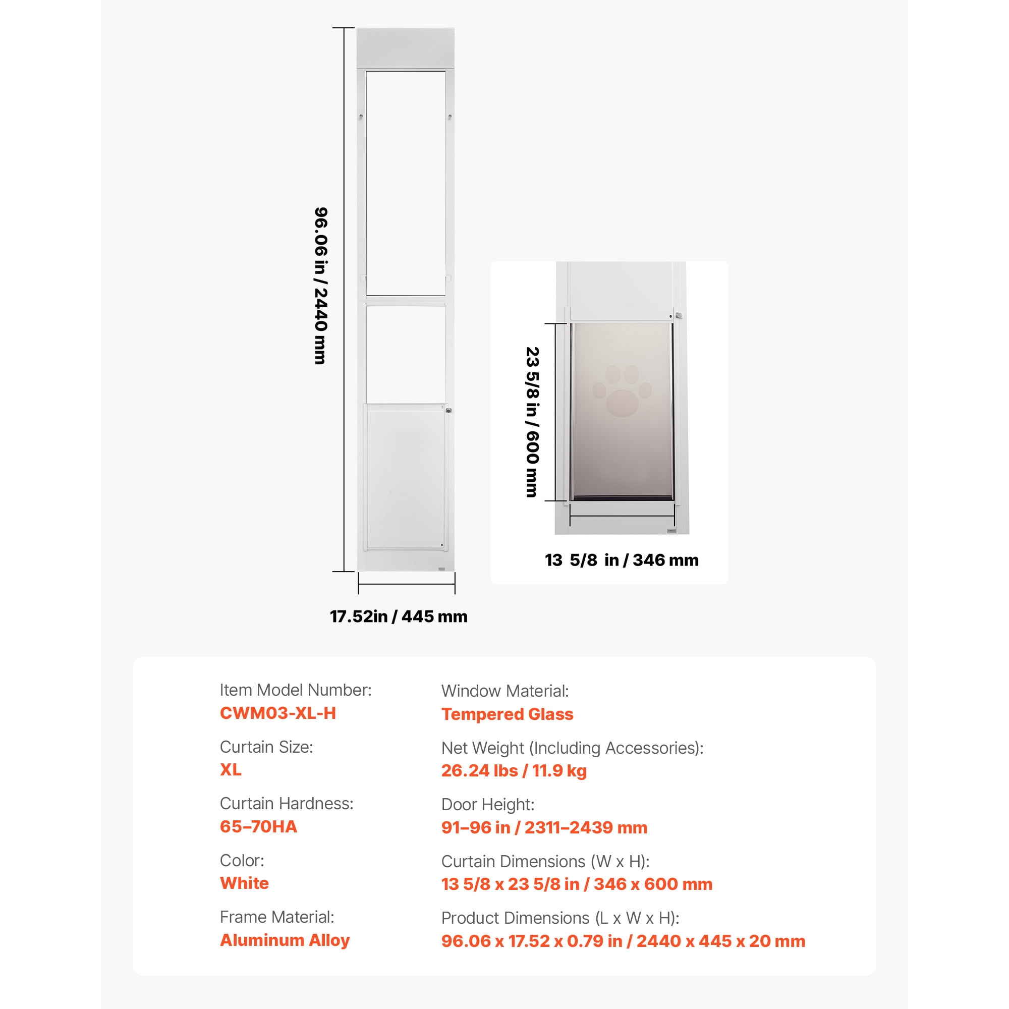 KFFKFF Adjustable Dog Door for Sliding Glass Doors, 91-96 in Height, Durable Aluminum Frame with Metal Hinges, Secure Lock, 13 5/8 x 23 5/8 in Flap, Ideal for Rental Homes