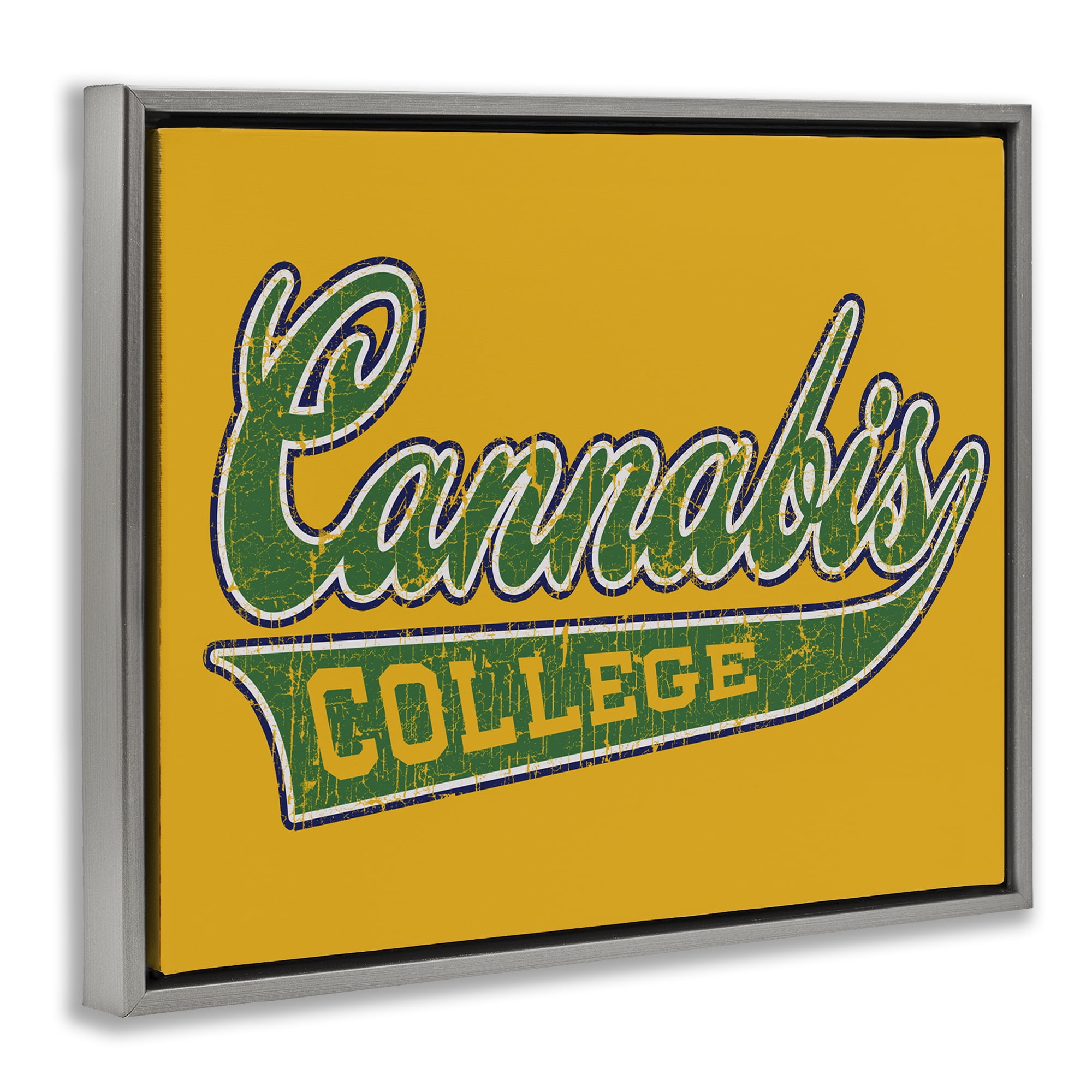 Stupell Industries Cannabis College Varsity Novelty & Humor Painting Gray Floater Framed Canvas Art Print Wall Art, 31 x 25