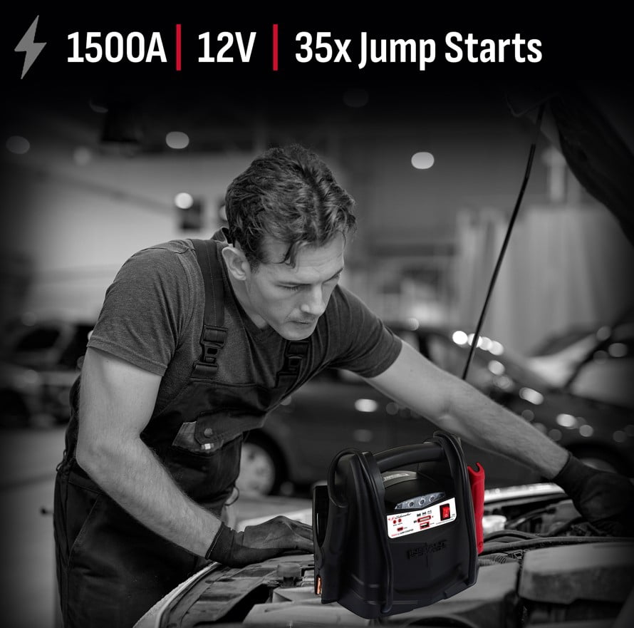Schumacher Electric 1500A Lithium Car Battery Jump Starter and Power Station, 150-PSI Air Compressor, 12V Sport, Auto, and Marine Batteries, SL1519