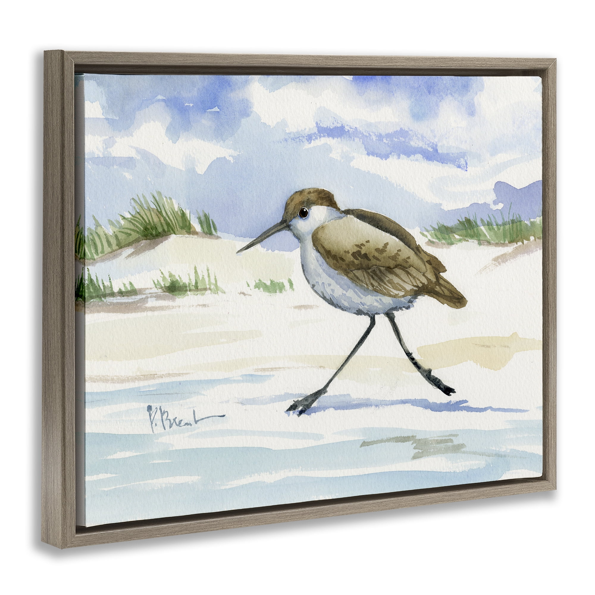 Stupell Industries Inlet Beach Sandpiper Running Brown Framed Floater Canvas Wall Art, design by Paul Brent
