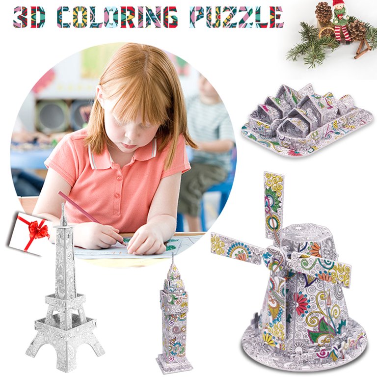 3d Coloring Puzzle Set, 4 Animals Painting Puzzles With 12 Pen