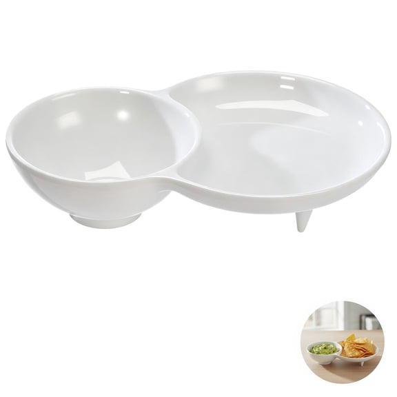 Melamine Chip and Dip Bowl, Divided Serving Tray for Fries and Snacks, White Appetizer Plate with Dishwasher Safe Non-Slip Base for Condiments, Toppings